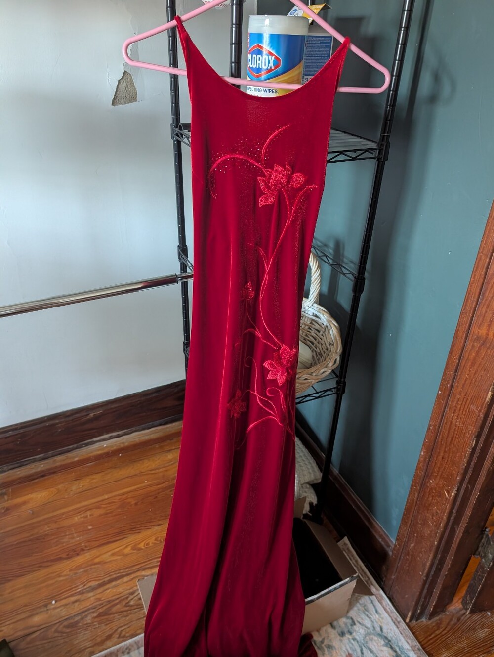 90s Velvet Red Floral Embroidered Maxi Slip Dress